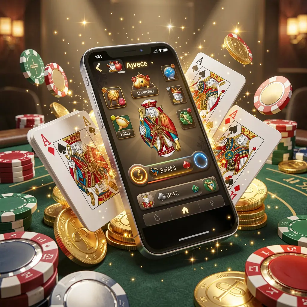 777MVP mobile gaming application concept featuring a smartphone surrounded by playing cards, roulette chips, gold coins, and sparkling lights in a premium casino style
