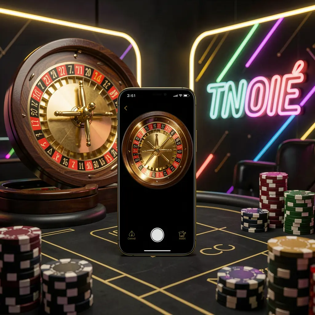 Mobile casino application scene featuring a phone in the center with a roulette wheel and poker chips in the background, illuminated by glowing neon lights in a premium black and gold style, showcasing 777MVP's luxurious gaming experience