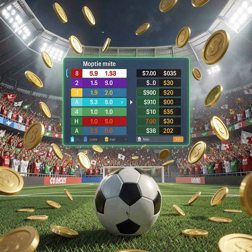 777MVP sports betting page showing a packed football stadium with a soccer ball in the foreground, floating digital odds interface, and golden coins flying in a realistic 3D illustration