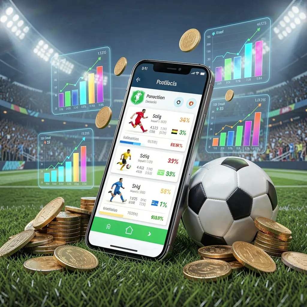 777MVP football prediction betting scene featuring a smartphone displaying match statistics, a soccer ball, coins, and glowing data charts floating around with a modern stadium in the background