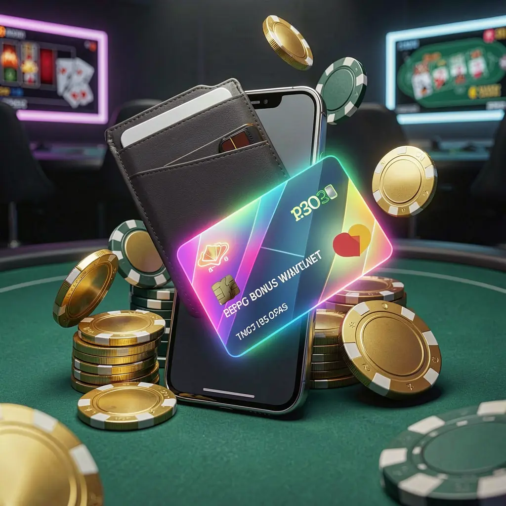 777MVP deposit bonus concept showing a smartphone wallet with a glowing payment card, surrounded by golden coins and poker chips in a modern mobile casino style