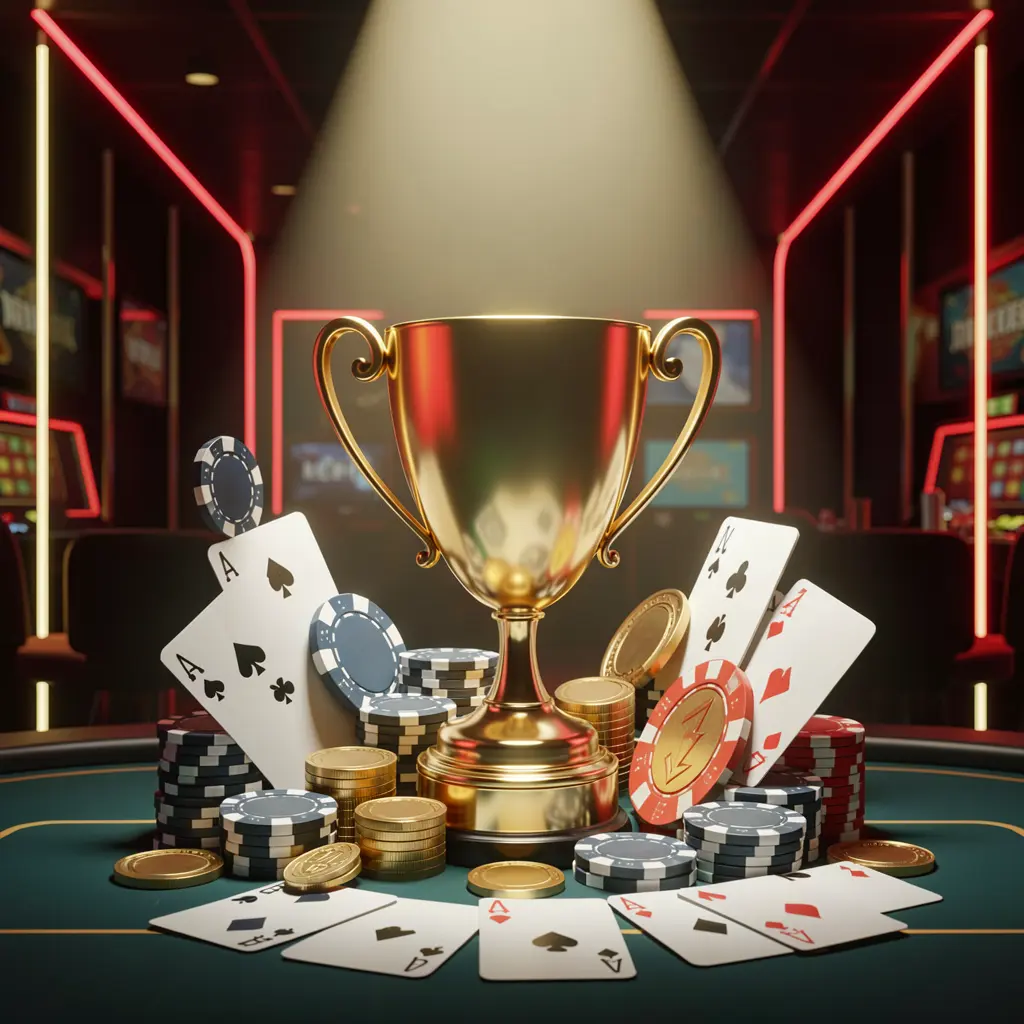 Golden trophy surrounded by poker chips, playing cards, and coins under a bright spotlight in a competitive luxury casino atmosphere with red and gold neon accents, representing 777MVP casino tournament bonus
