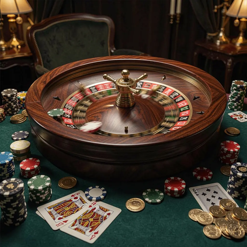 777MVP classic casino scene featuring a spinning roulette wheel, scattered chips, playing cards, and coins on an elegant dark table with cinematic lighting