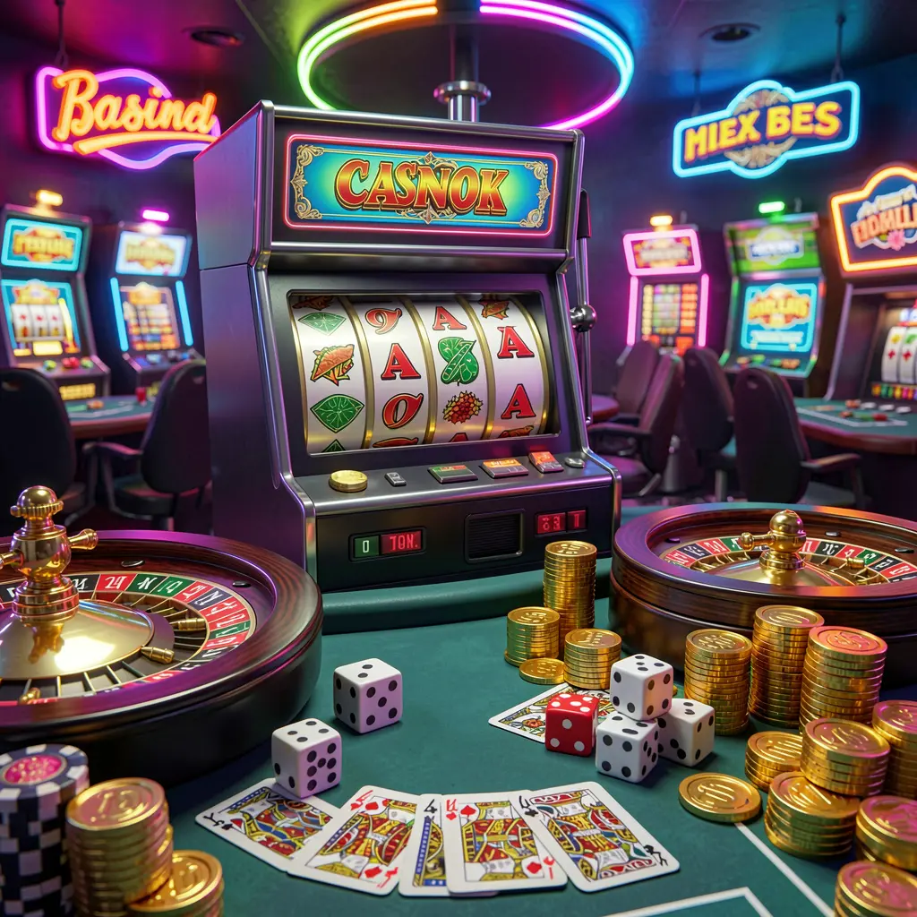 Exciting casino entertainment scene featuring 777MVP slot machine, roulette wheel, dice, cards, and golden coins illuminated by colorful neon lights in a premium atmosphere
