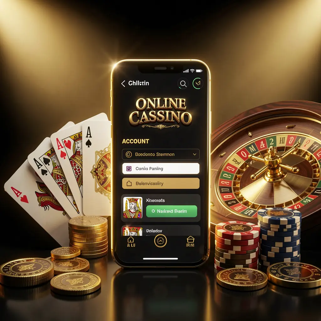 777MVP online casino account portal visual featuring a glowing smartphone, premium cards, chips, roulette wheel, and coins against a black and gold background with cinematic lighting in a realistic 3D render