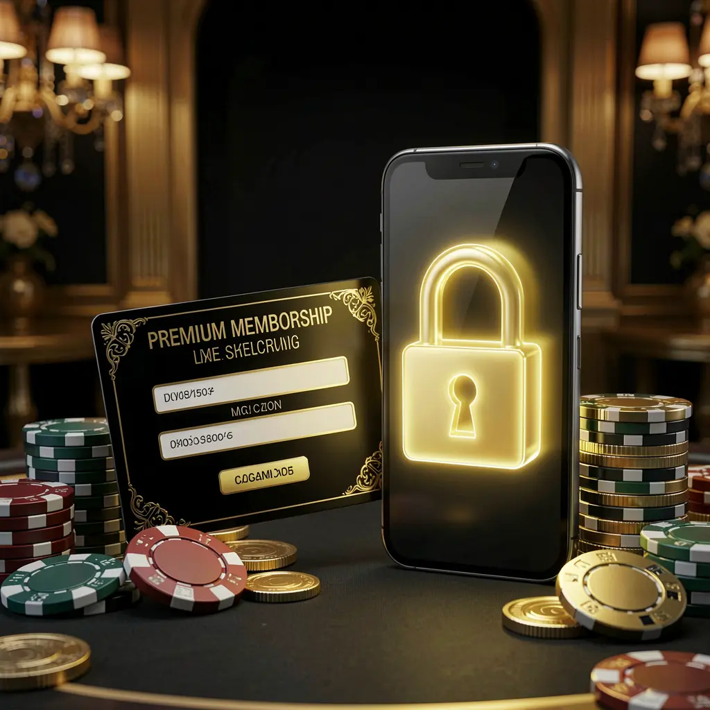 777MVP casino member login concept featuring a premium membership card beside a smartphone with a glowing lock symbol, poker chips and coins on a black and gold luxury background in a realistic 3D illustration