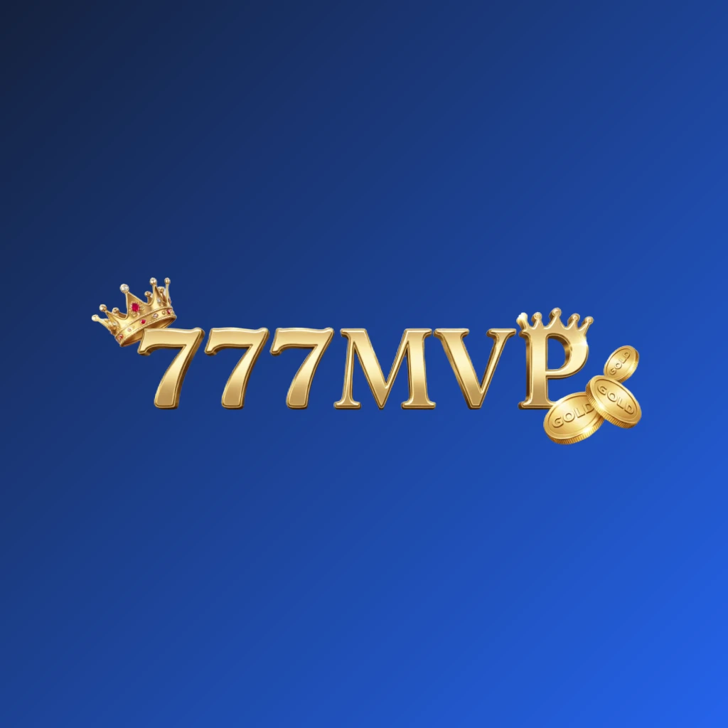 Casino-style horizontal rectangular wordmark logo for 777MVP featuring golden letters with a crown element and sparkling coins, creating a luxury gaming atmosphere on a transparent background