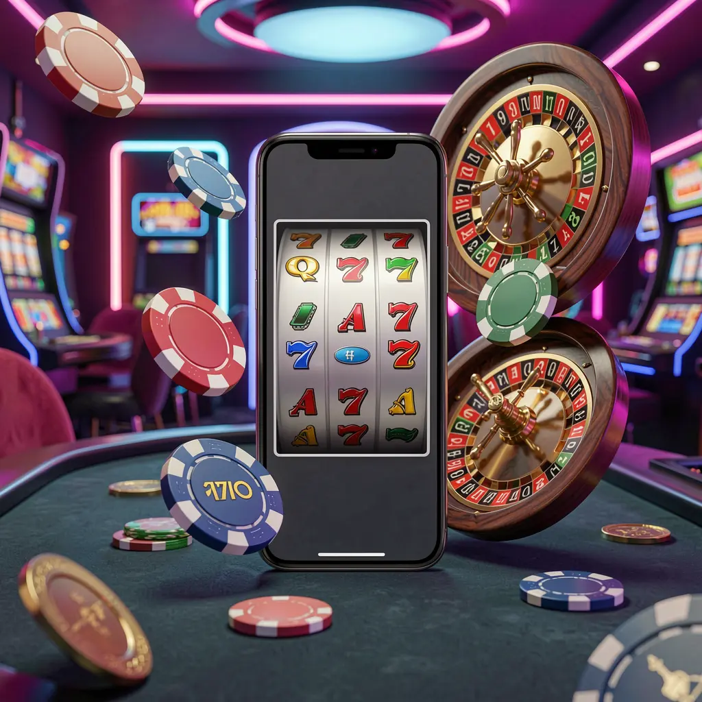 777MVP casino entertainment homepage concept featuring a modern mobile phone surrounded by slot symbols, a roulette wheel, chips, and coins floating against a neon casino background in a premium 3D render